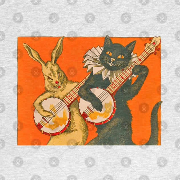 A cat playing the banjo and the musical rabbit accompanying it, a pair of cheerful and musical animals. Vintage drawing by Marccelus